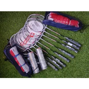 A Set of 8 Badminton Rackets, 4 Nets and 24 Shuttlecock.